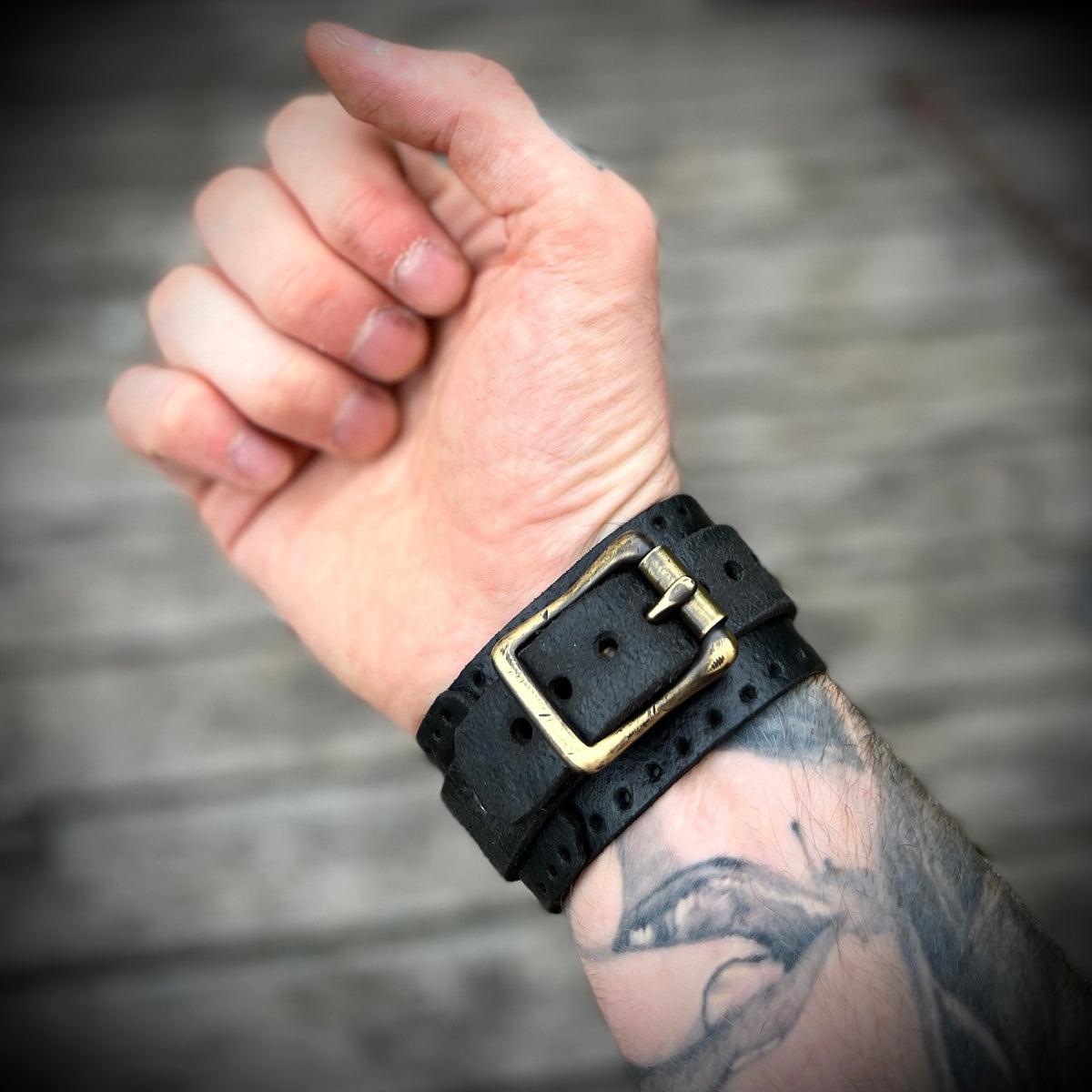 Artisan Handmade Road Rash Black Worn Out Distressed Relic Leather Wristband Cuff Bracelet Accessory with Oxidised Solid Brass Buckle Strap