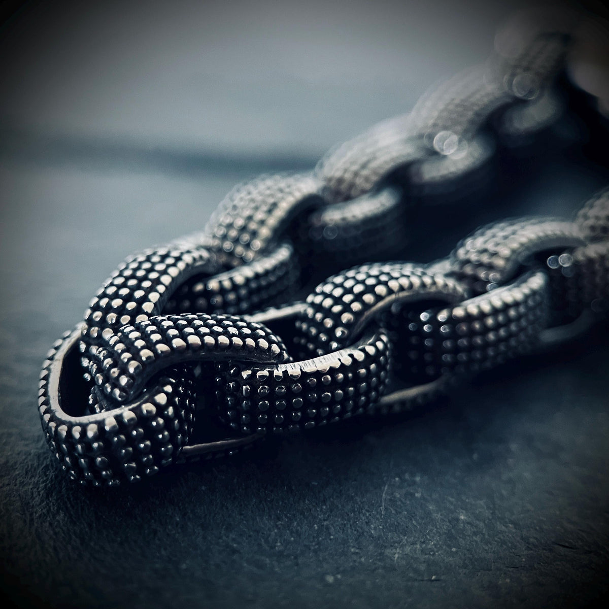 Oxidized Stainless Steel Chunky Chain Bracelet: Embossed Dot Link, Rustic Mens Jewelry