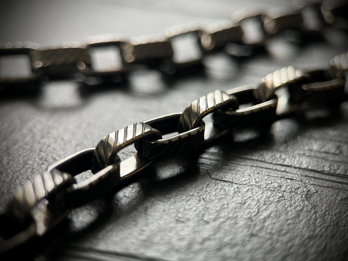 Rustic Etched Stainless Steel Matte Black & Silver Thick Chunky Heavy Box Chain Necklace