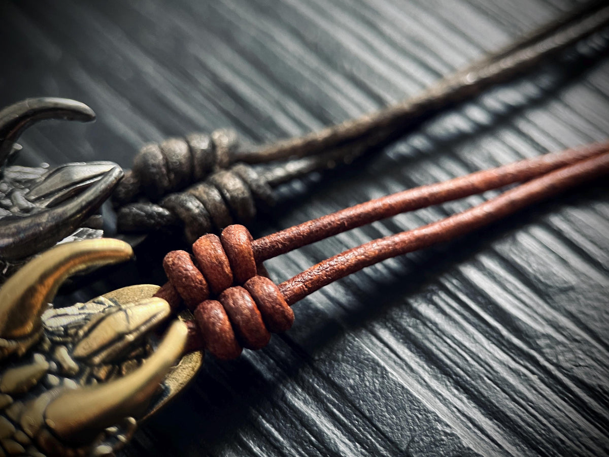 Oxidised Rustic Black & Gold Dragon Head Charm Amulet Pendant with Leather Cord Necklace