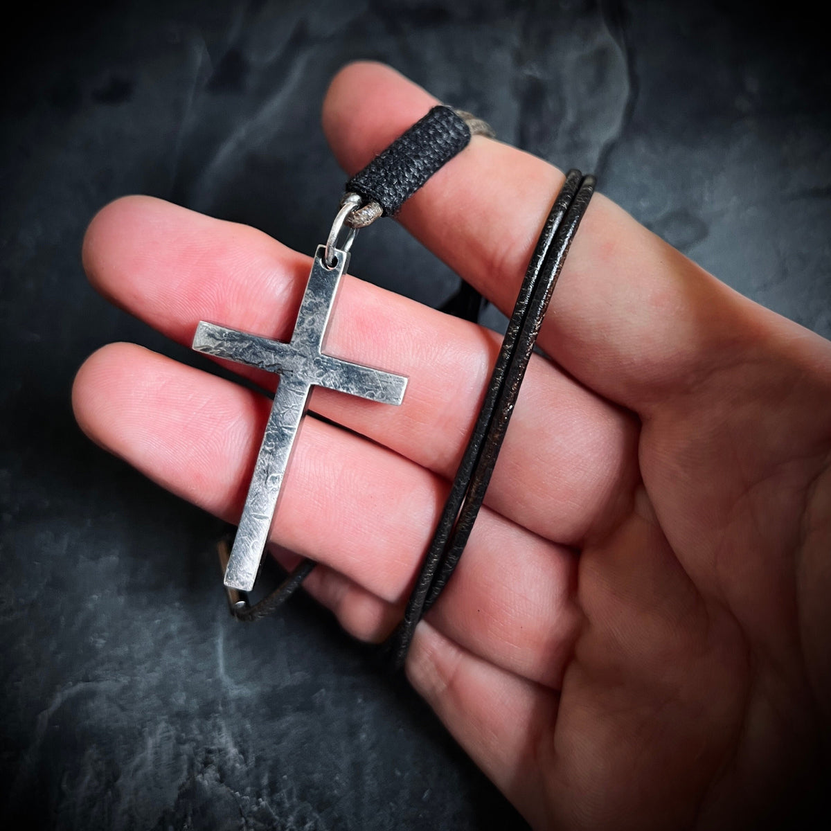 Brutalist Rustic Style 925 Sterling Silver Cross/Crucifix Pendant with Leather Cord Necklace