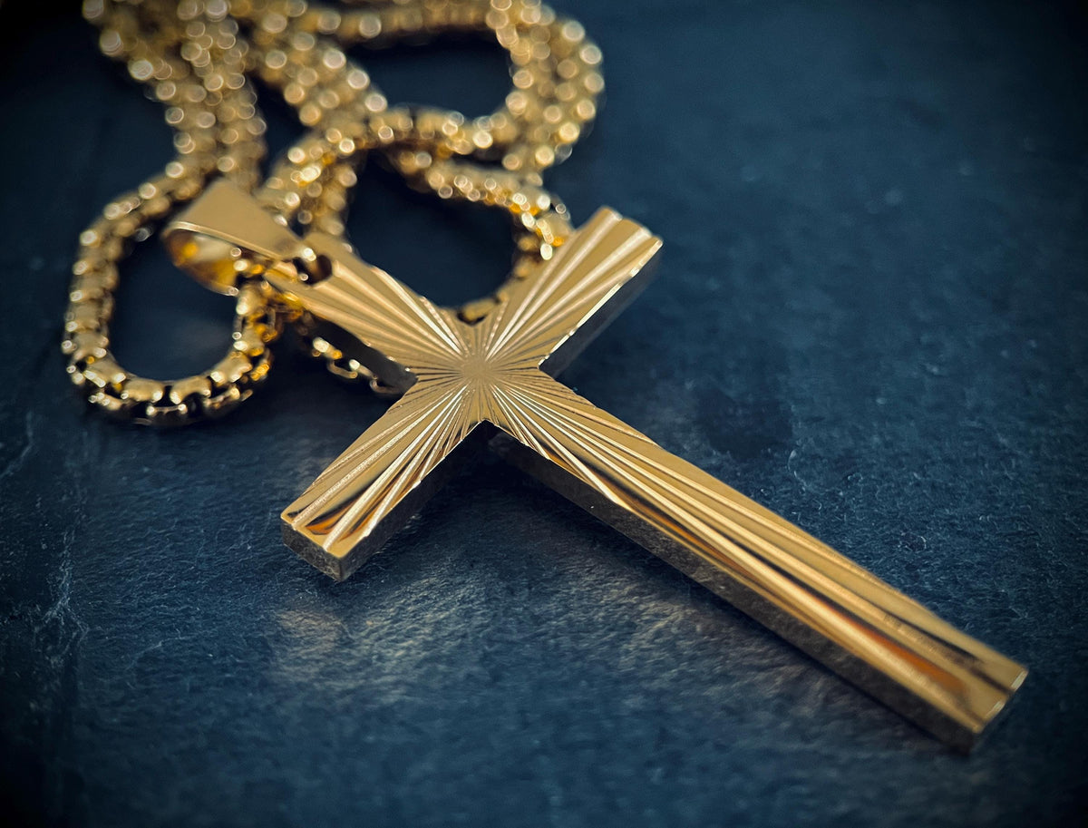 Gold Stainless Steel Ornate Engraved Pattern Cross Pendant & Necklace - Boxy Style