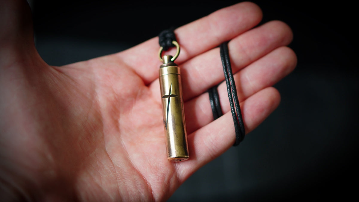 Rustic Handmade Brass Secret Stash Bullet Capsule Pendant Necklace with Engraved Cross & Custom Lettering
