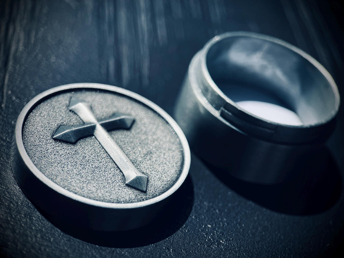 Ornate Distressed Stainless Steel Pill Bottle Stash Capsule Container with Silver Cross Crucifix / Survival EDC / Medication / Snuff Box