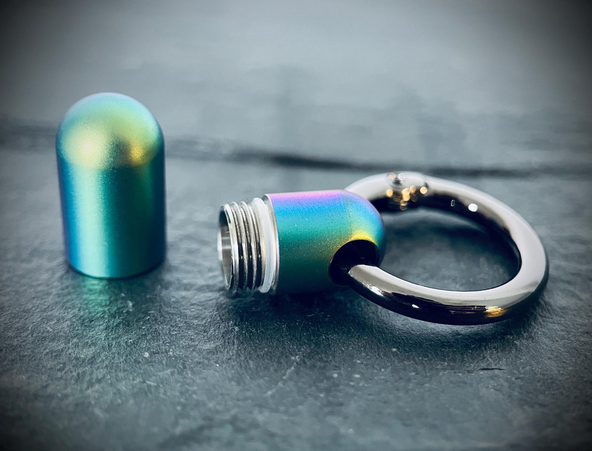 Rainbow Pearlescent Distressed Titanium Waterproof Pill Bottle Capsule Keychain / Keyring / Carabiner / Survival EDC / Container / Pocket