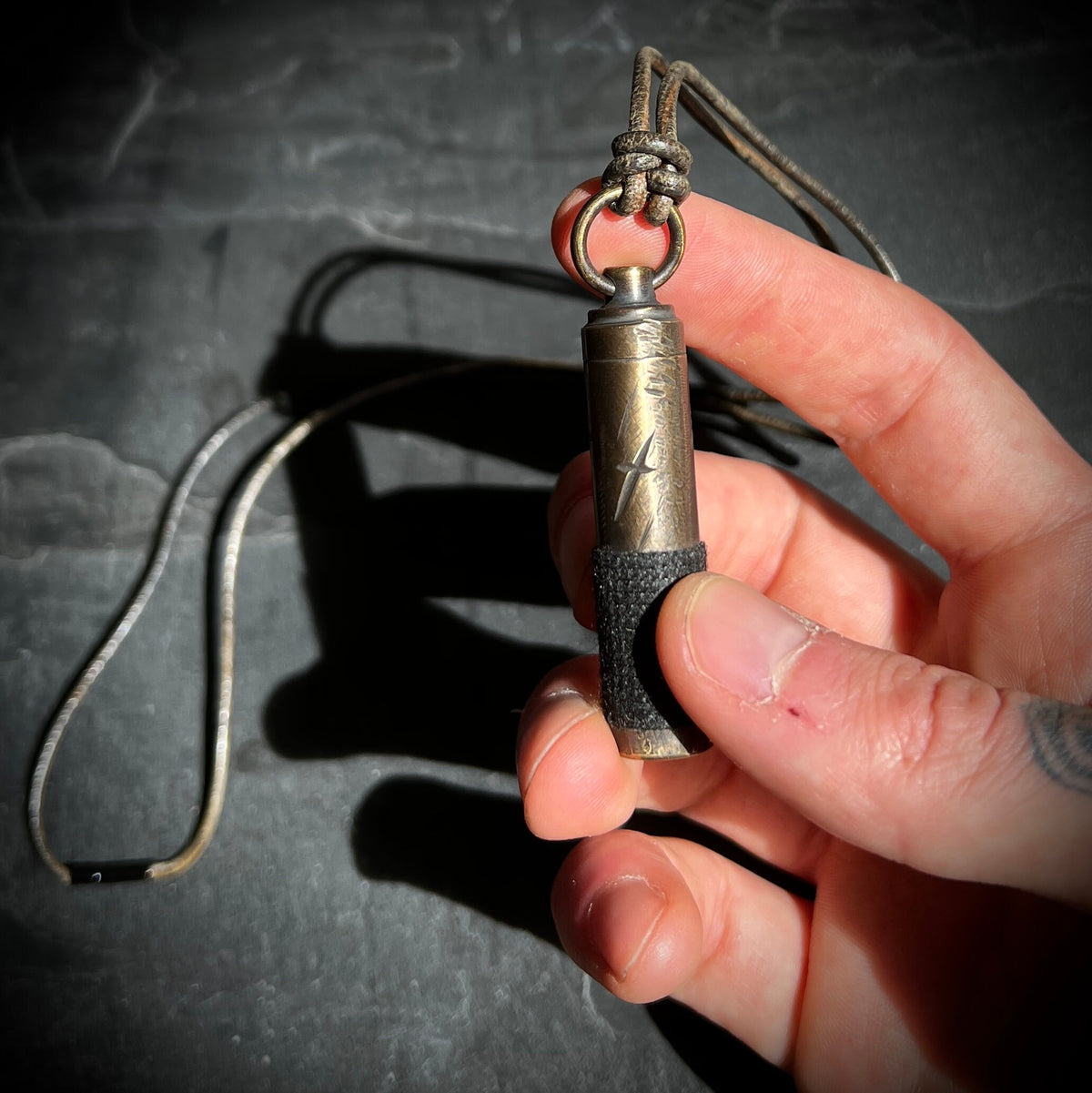 Rustic Style Etched Brass Secret Stash Bullet Vial Capsule Pendant & Leather Lace Cord Necklace