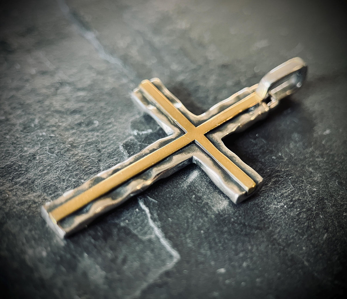 Distressed Handmade 925 Solid Sterling Silver & Brass Simple Minimalist Hammered Cross Crucifix Pendant with Presentation Gift Box