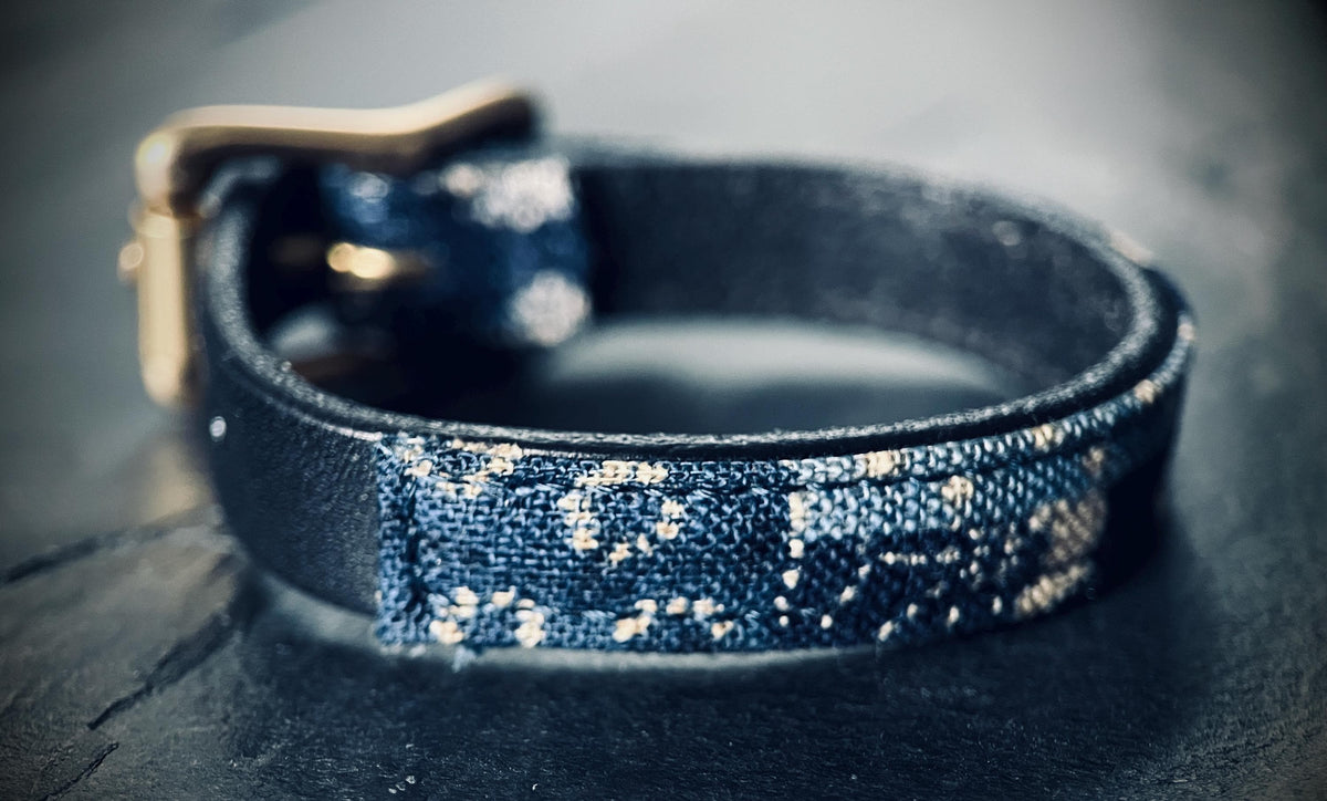 Distressed Black Leather & Denim Wrap Bracelet: Solid Brass Buckle