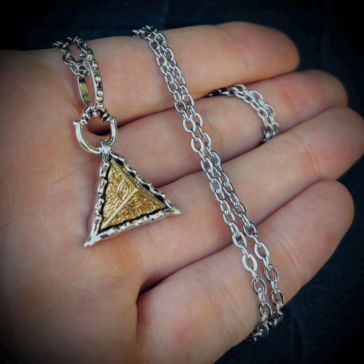 Egyptian Eye of Horus Golden Copper Pyramid and Silver Plated Pendant with Matching Necklace