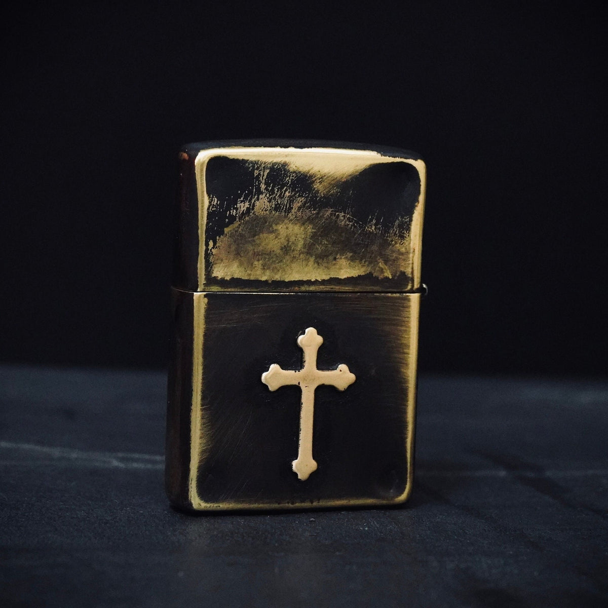 Customised Heavily Distressed & Oxidised Antique Vintage Patina Style Solid Brass Zippo Lighter with Cross Crucifix Emblem / EDC