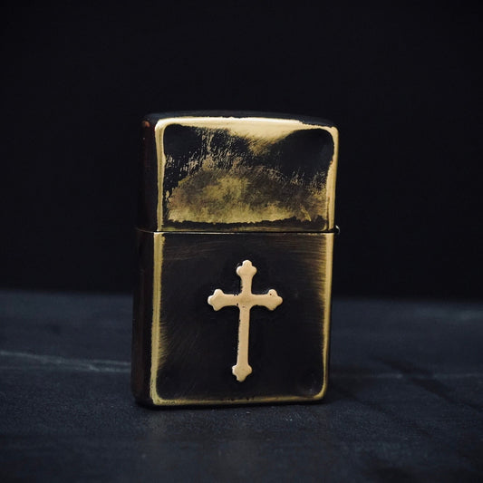 Customised Heavily Distressed & Oxidised Antique Vintage Patina Style Solid Brass Zippo Lighter with Cross Crucifix Emblem / EDC