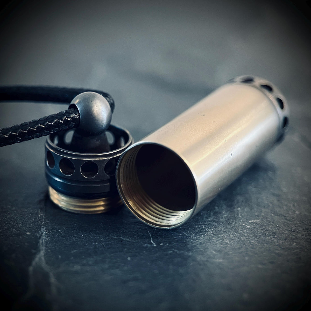 Handmade 2-Tone Shotgun Shell Rustic Distressed Brass Vial Cremation Stash Capsule Pendant with Black Rope Cord Necklace / Keepsake / Locket