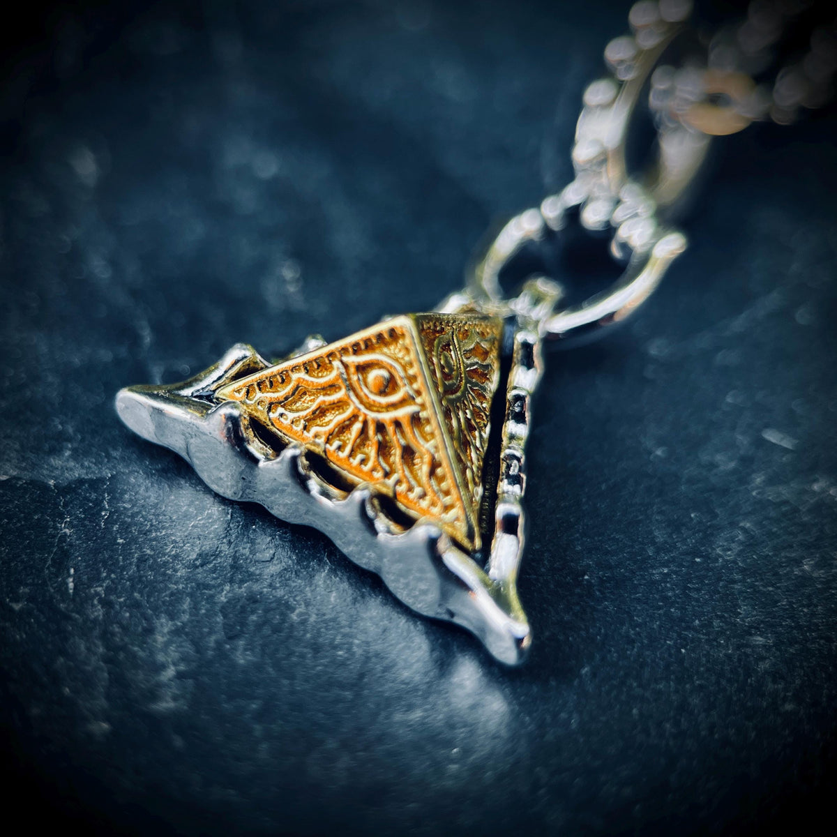 Egyptian Eye of Horus Golden Copper Pyramid and Silver Plated Pendant with Matching Necklace