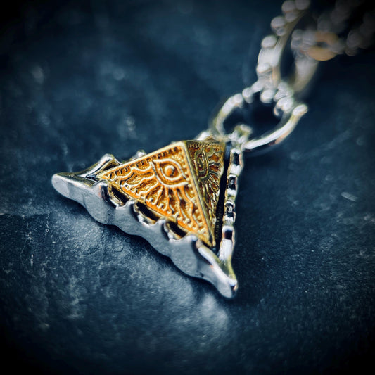 Egyptian Eye of Horus Golden Copper Pyramid and Silver Plated Pendant with Matching Necklace