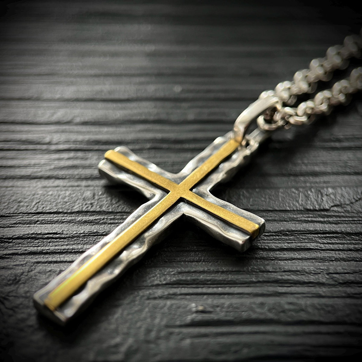 Hammered Sterling Silver Rustic Cross Pendant with Brass Inlay with 24" Rolo Chain