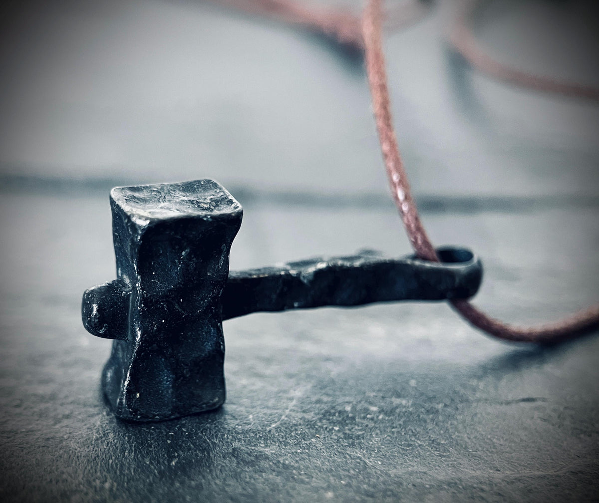 Forged Iron Thor's Hammer Necklace: Distressed Viking Mjolnir Pendant