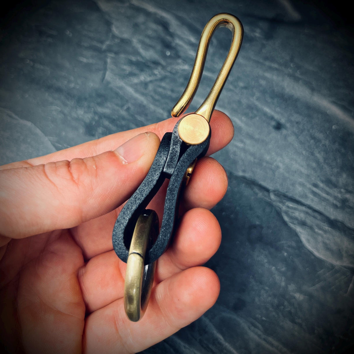 Distressed Black Leather Brass Fish Hook Belt Keychain / Key Holder / Lanyard / Carabiner