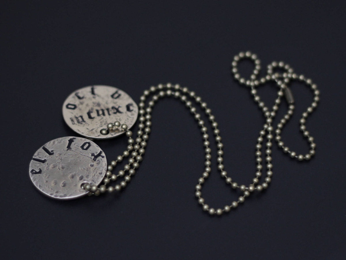 Vintage Style Old English Font Personalised Engraved 2-Piece Round Brass I.D Dog Tags with Matching Necklace (choose your name & D.O.B)