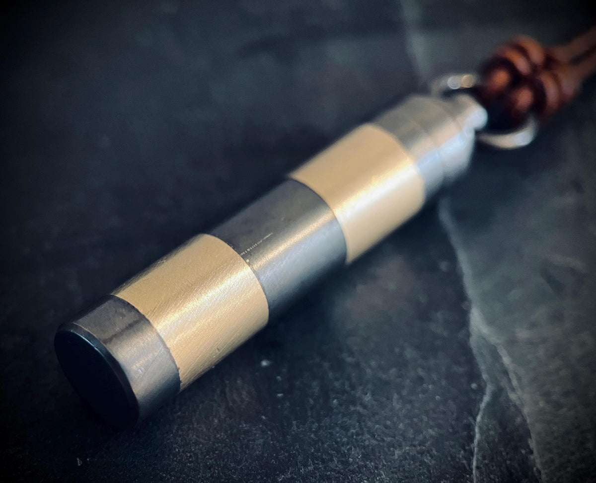 Handmade Striped 2-Tone Brass Cremation Capsule Pendant: Rustic Keepsake Stash Necklace & Brown Leather Cord