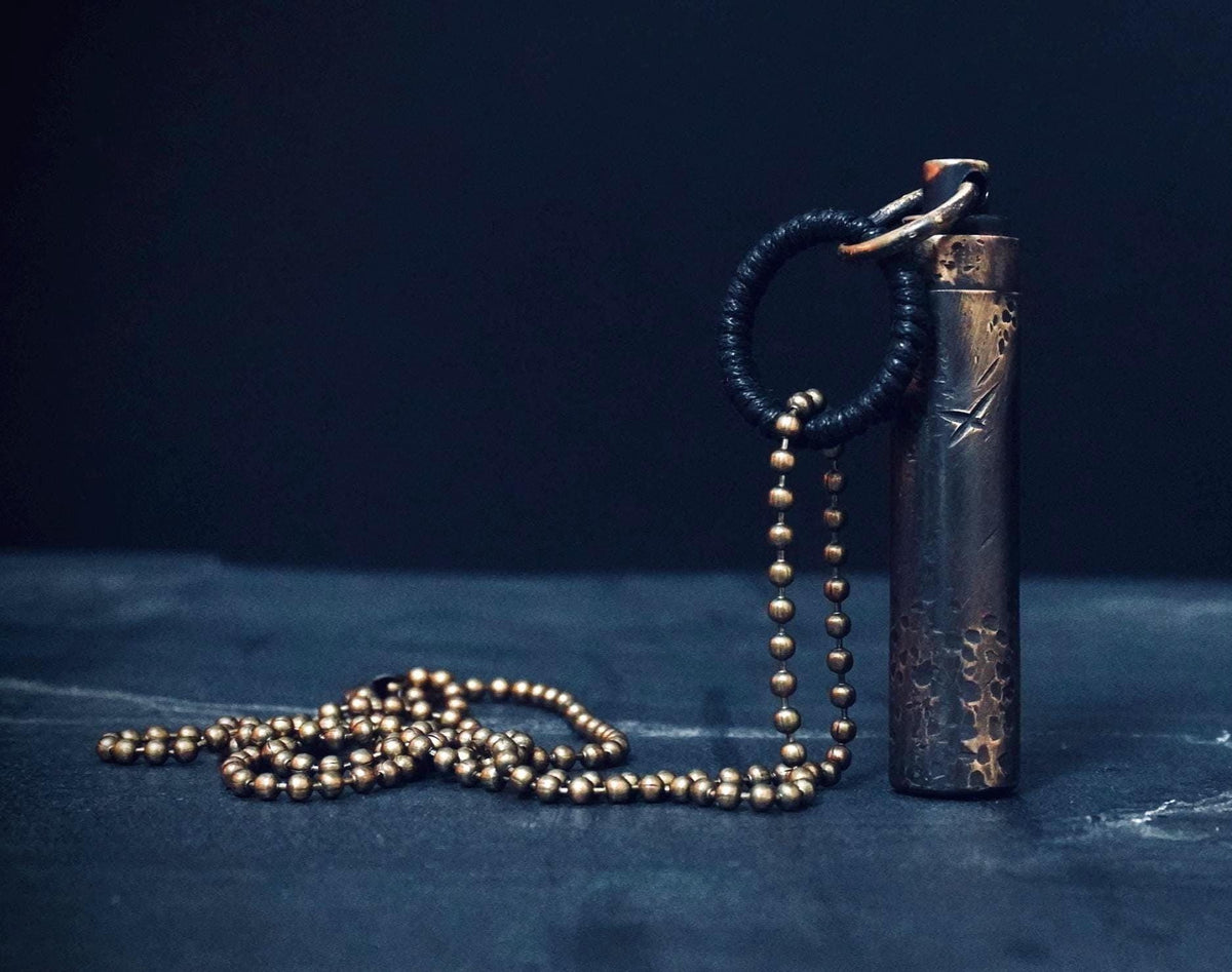 Rustic Etched Distressed Brass Stash Capsule Pendant Necklace - Secret Scroll Vial