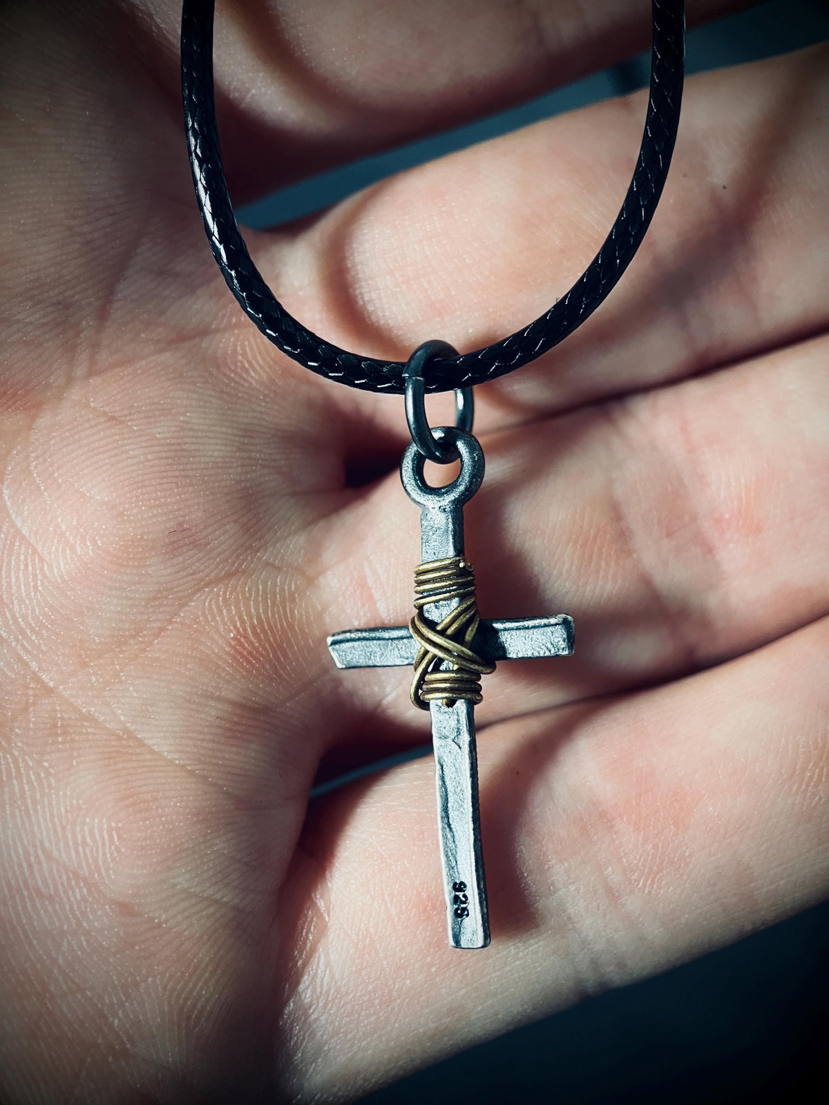 Distressed & Oxidised 925 Solid Sterling Silver Dainty Small Rustic Cross Crucifix Pendant with Brass Rope Wrapping | Minimalist | Plain