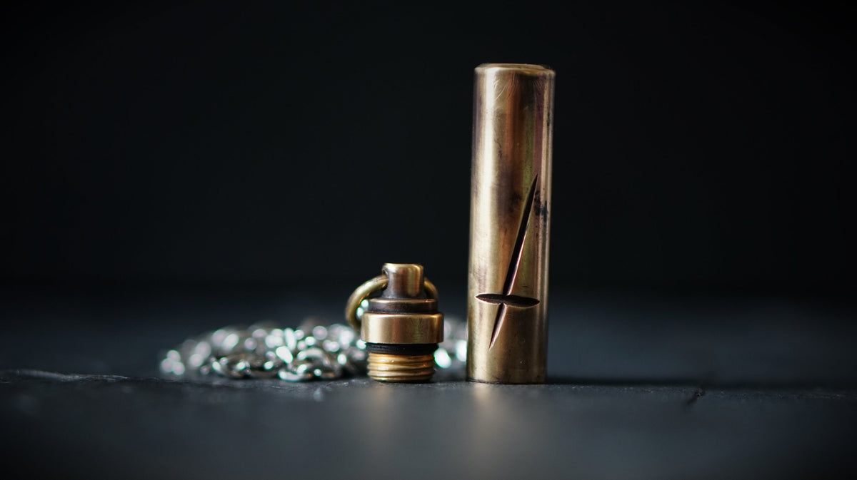 Personalised Engraved Letter Rustic Brass Capsule Stash Urn Vial Cross Symbol Pendant with Silver Stainless Steel Cable Chain Necklace