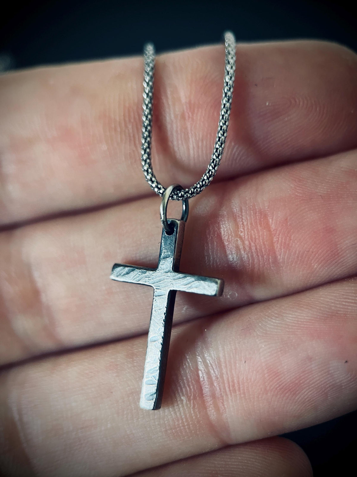 Small Rustic Dainty Minimalist Solid Sterling Silver 925 Cross Crucifix Pendant & Popcorn Chain Necklace