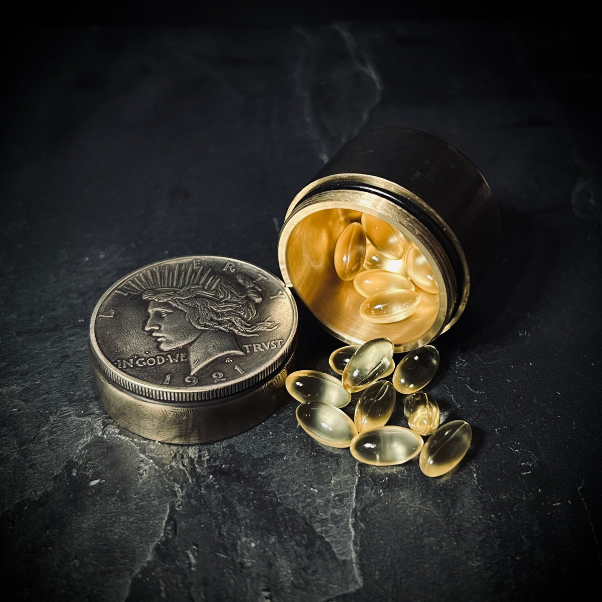 Handmade Brass Stash Box: Silver Hobo Coin Peace Dollar, Lady Liberty Pill, Medication Container