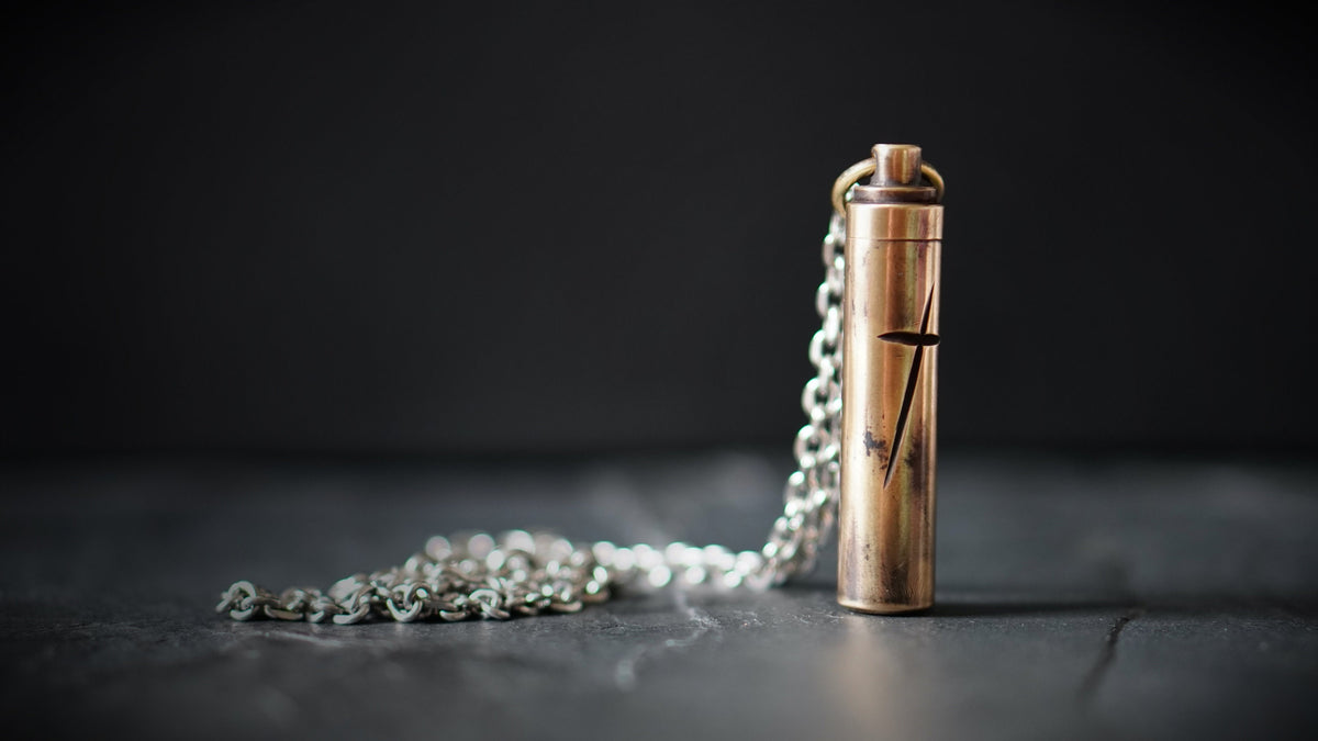 Personalised Engraved Letter Rustic Brass Capsule Stash Urn Vial Cross Symbol Pendant with Silver Stainless Steel Cable Chain Necklace