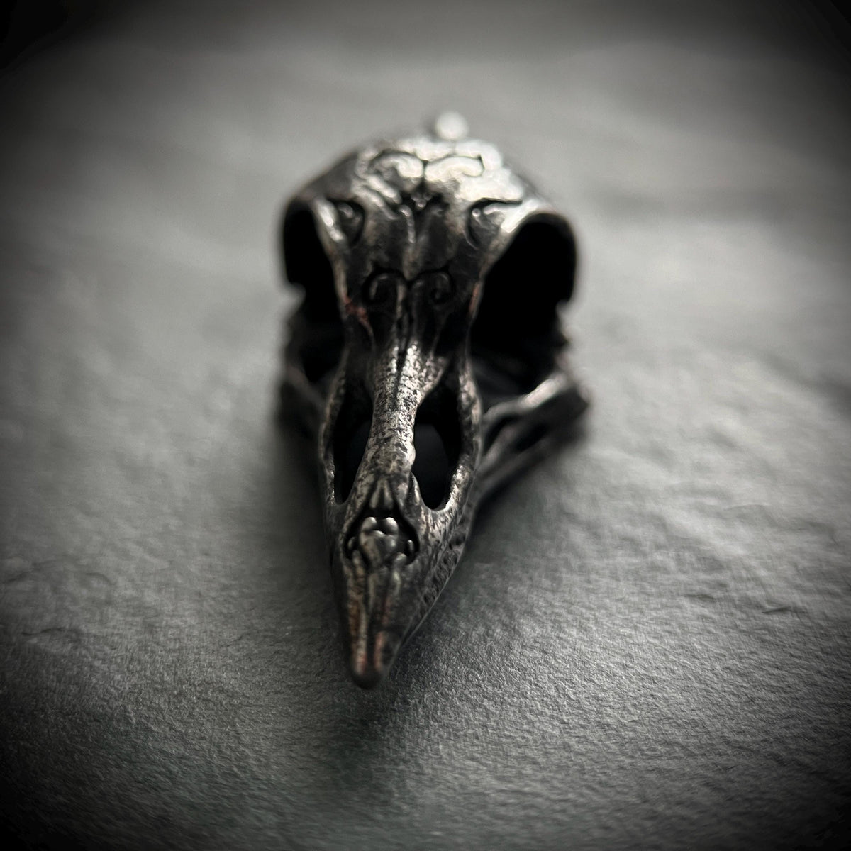 Oxidised Blackened Stainless Steel Crow Skull Amulet Ornate Pendant