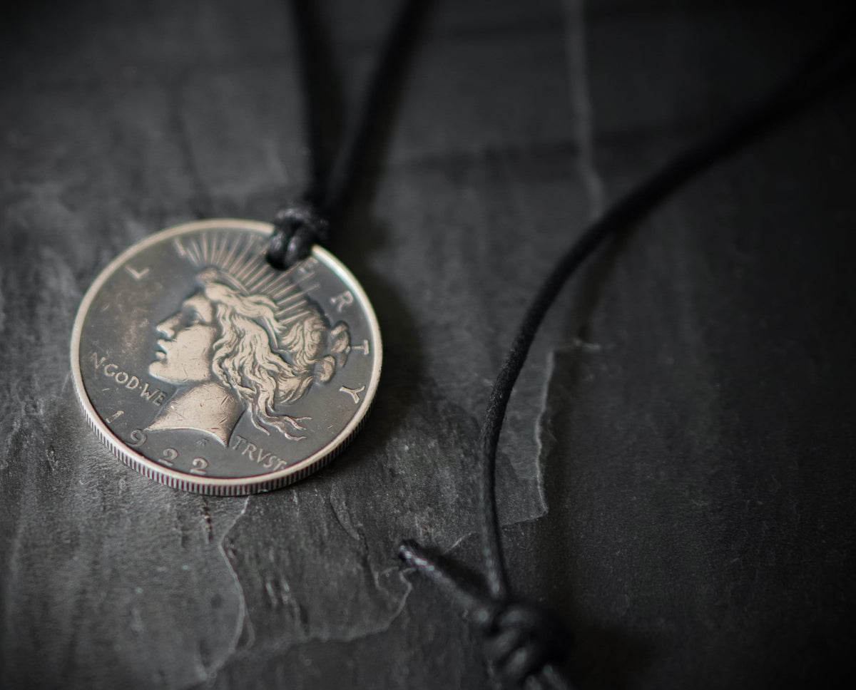 Peace Dollar Pendant: Distressed Lady Liberty Coin Medallion with Adjustable Leather Cord Necklace
