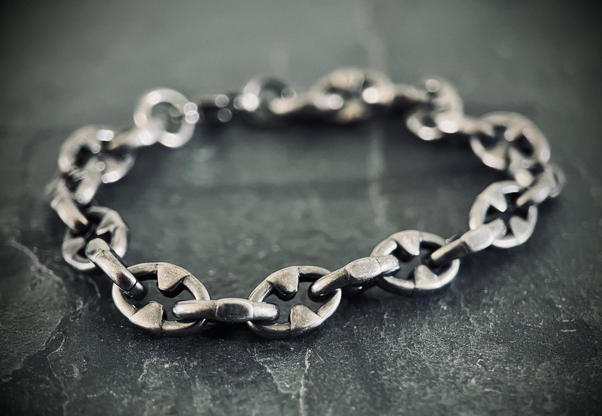 Rustic Chunky Distressed Blackened Stainless Steel Thorn Link Chain Bracelet