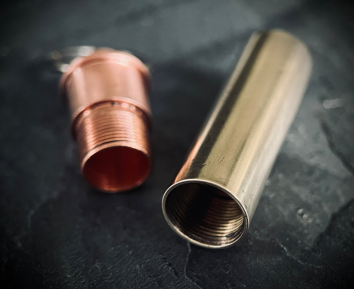 Distressed Brass & Copper Waterproof Shotgun Shell Bullet Pill Bottle Capsule Keychain / Carabiner / Survival EDC / Container / Pocket / SOS