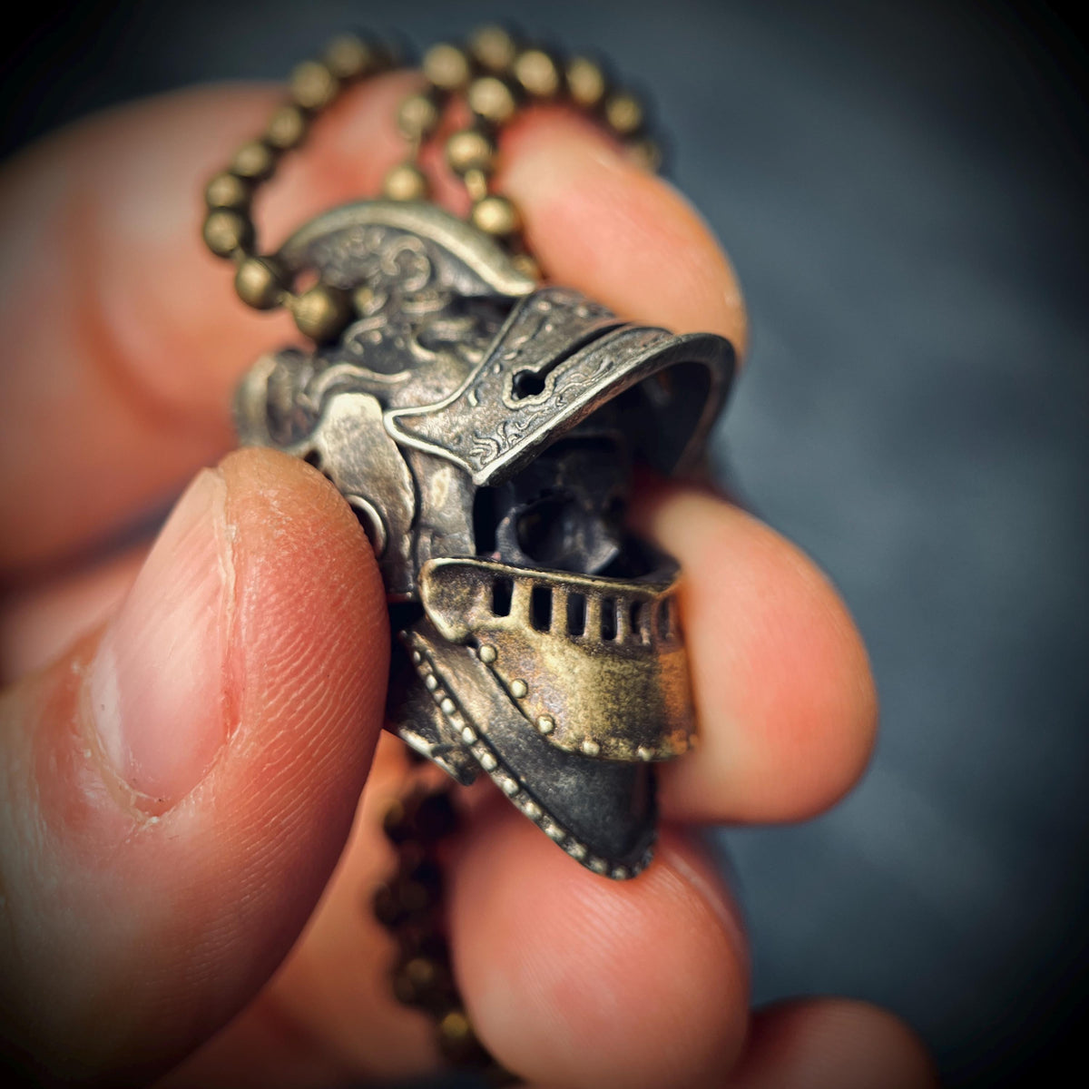 Ornate Highly Detailed Carved Distressed Aged White Brass Templar Knight Helmet Skull Pendant Necklace