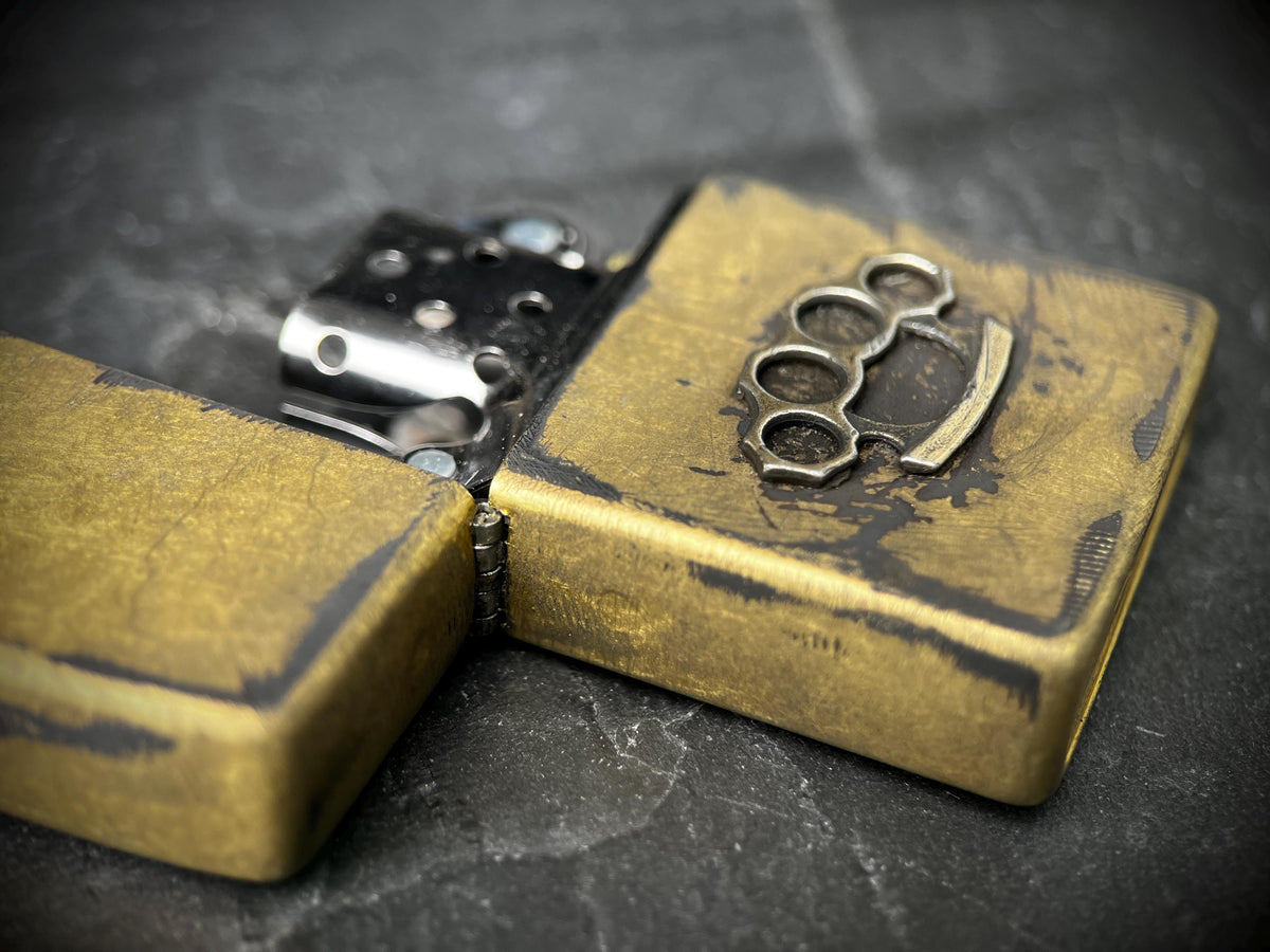 Customised Heavily Distressed & Oxidised Vintage Patina Style Solid Street Brass Zippo Lighter with Emblem / EDC / Custom