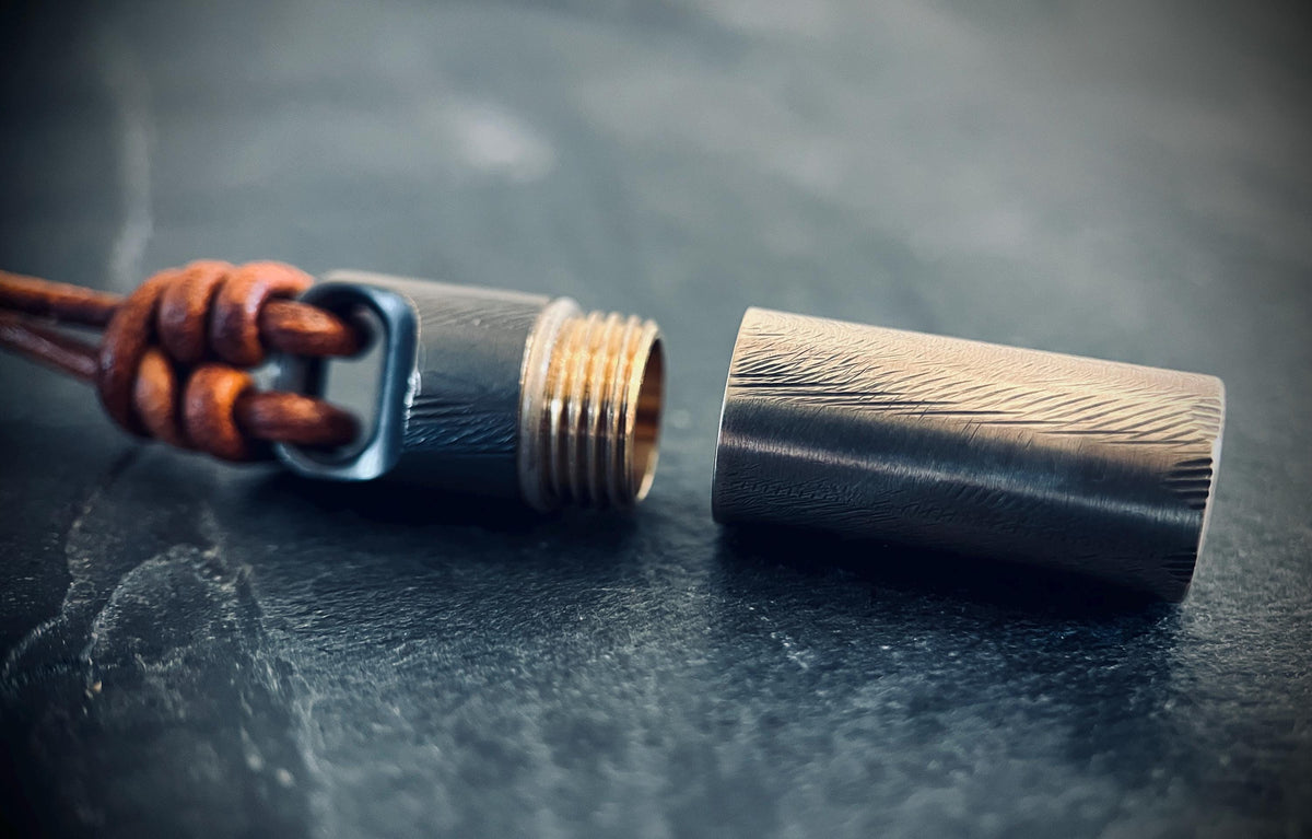 Handmade Brass Vial Capsule Pendant: Rustic 2-Tone Cremation Keepsake with Brown Leather Cord Necklace