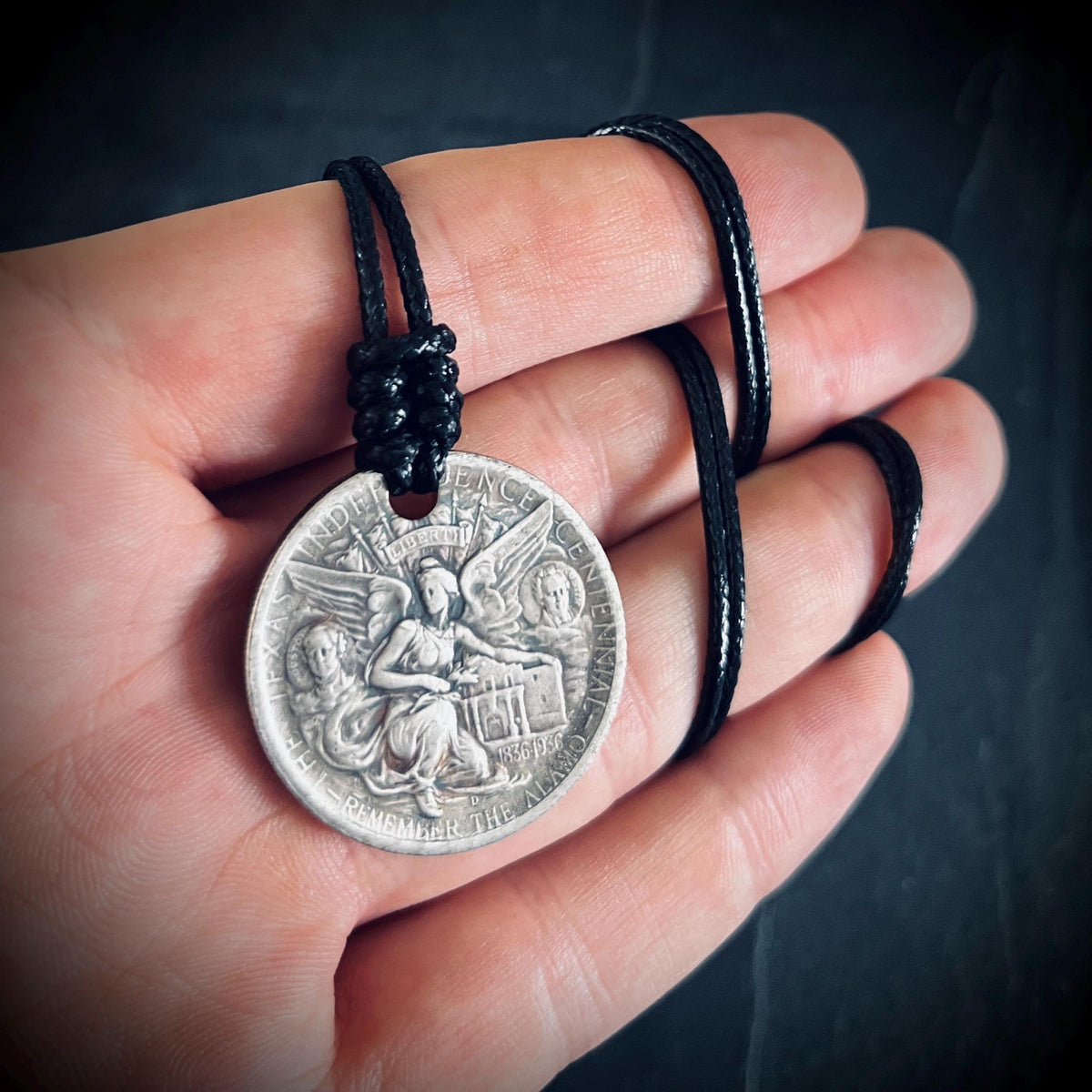 Ornate Rustic Silver Angel Medallion Pendant with Black Adjustable Cord Necklace