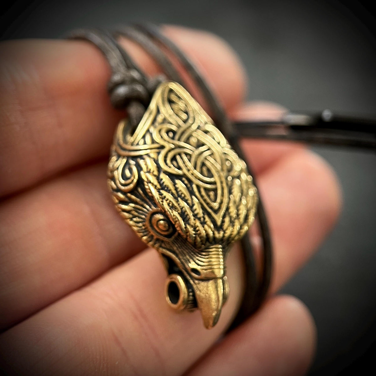 Rustic Brass Celtic Golden Eagle Bird Head Pendant & Black Distressed Leather Cord Necklace