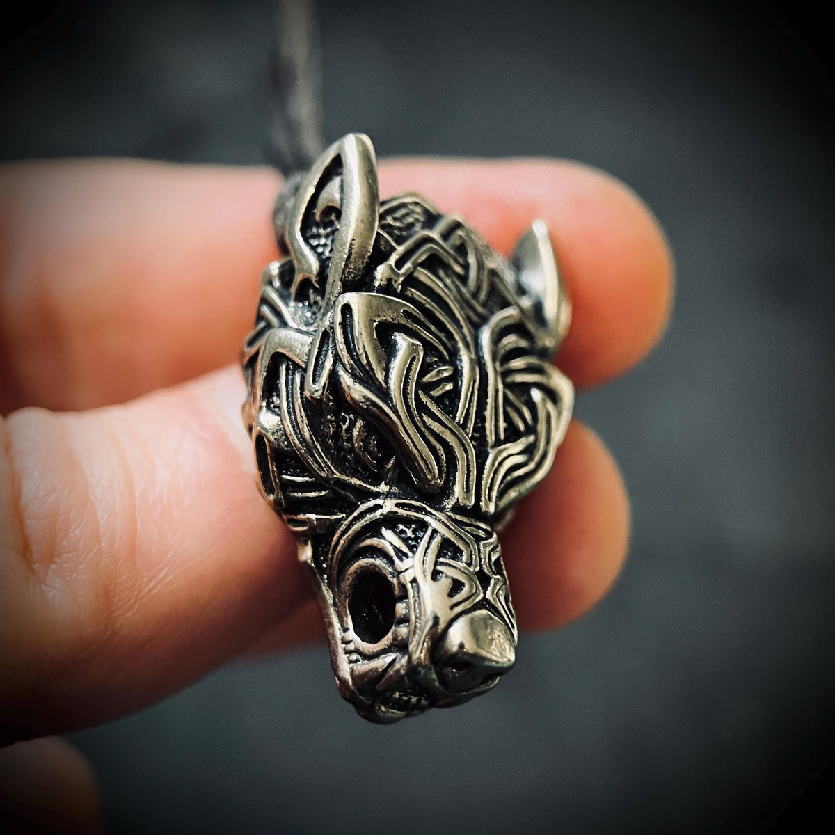 Rustic Silver Stainless Steel Celtic Wolf Pendant & Black Distressed Leather Cord Necklace