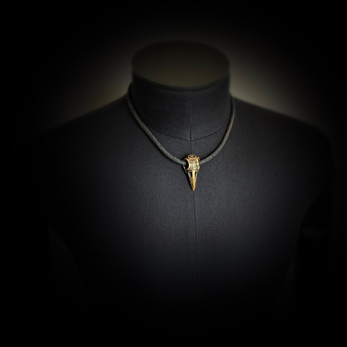 Rustic Oxidised Distressed Brass Crow Skull Pendant with Leather Cord Choker Necklace