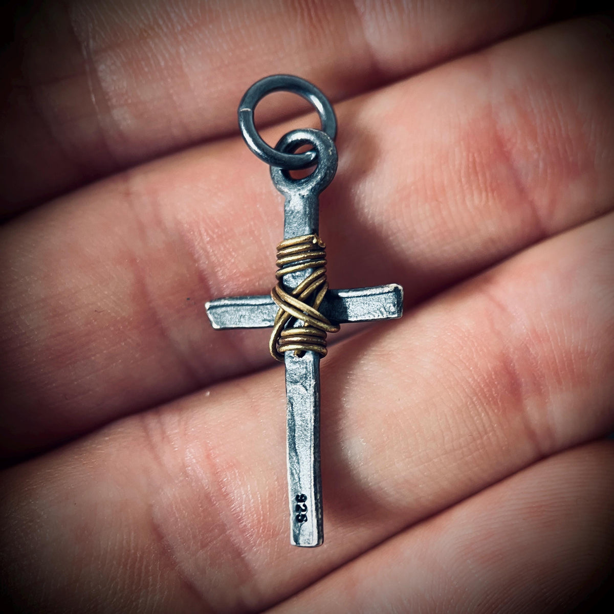 Distressed & Oxidised 925 Solid Sterling Silver Dainty Small Rustic Cross Crucifix Pendant with Brass Rope Wrapping | Minimalist | Plain