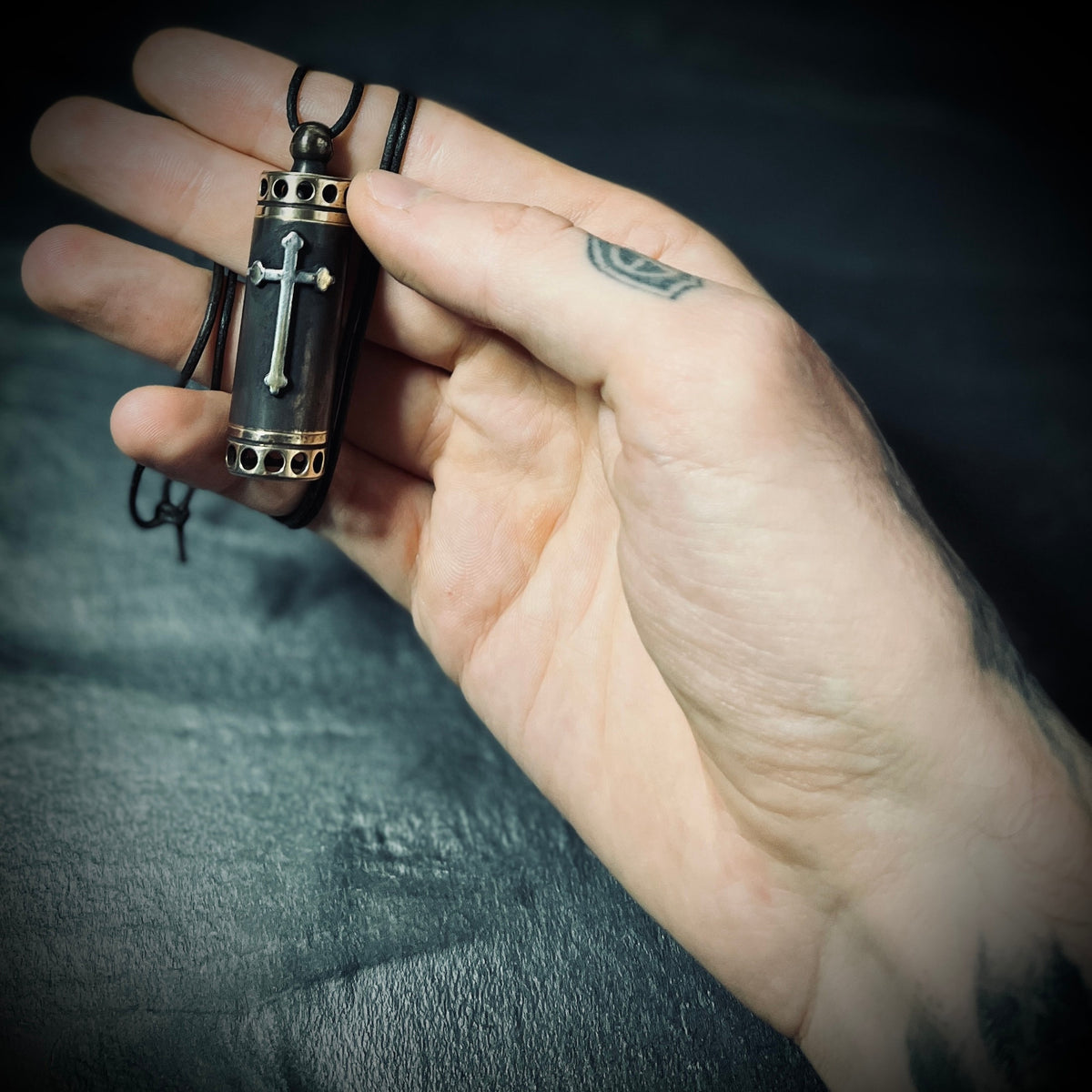 High Contrast Aged Solid Brass Small Pill Vial Distressed Shotgun Shell Capsule Stash Urn Cross Pendant & Matching Leather Cord Necklace