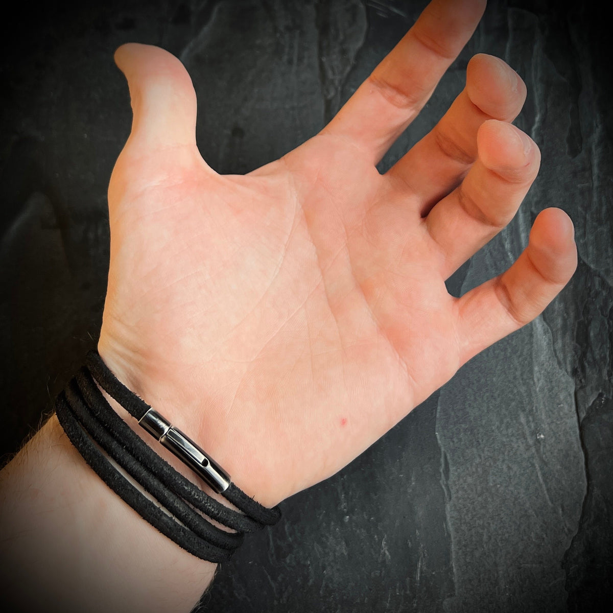 Handmade Minimalist Black Distressed Relic Leather Wrap Wristband Cuff Bracelet Accessory with Brushed Matte Lock Clasp