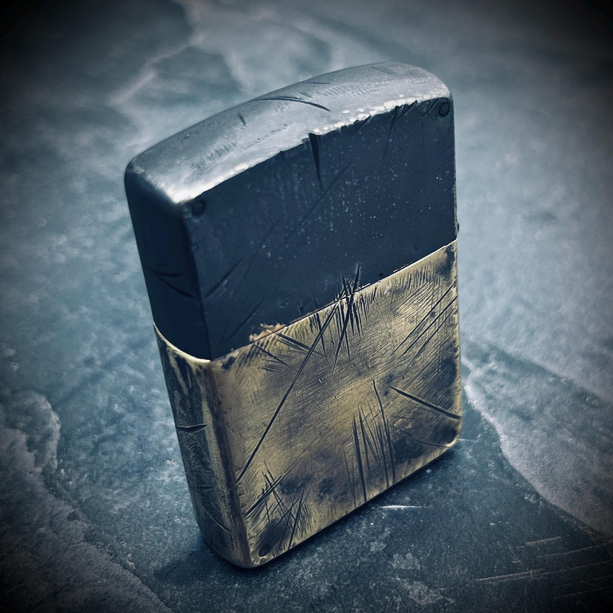 Customised Heavily Distressed Oxidised Black & Gold 2-Tone Patina Solid Brass Armor Heavy Wall Zippo Lighter / EDC / Vintage / Custom