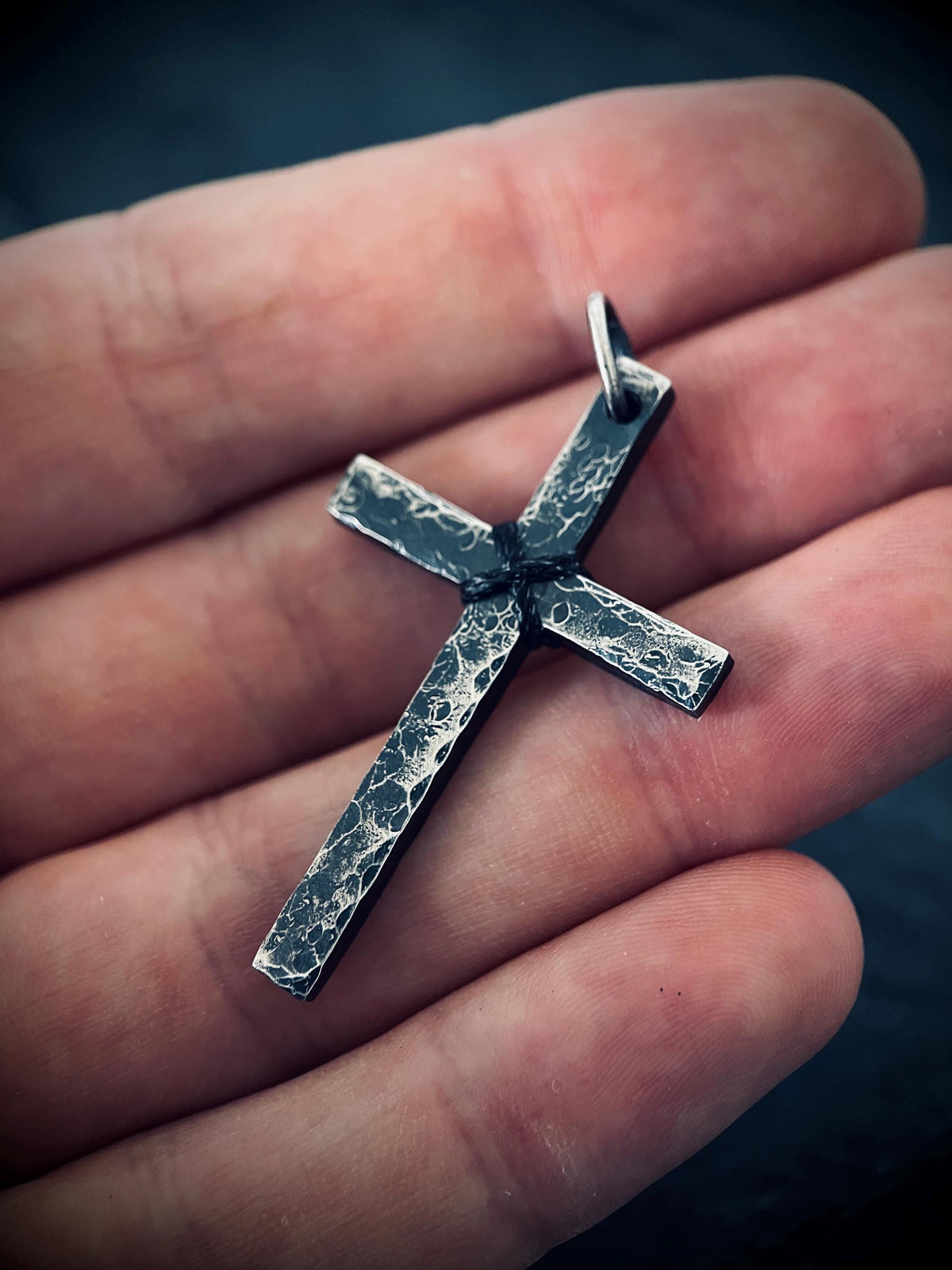 Rustic Hammered Textured 925 Sterling Silver Cross Crucifix Pendant: Distressed Oxidised Finish