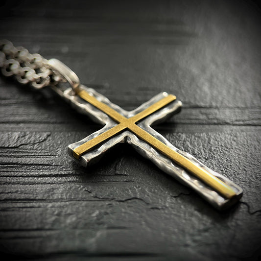Hammered Sterling Silver Rustic Cross Pendant with Brass Inlay with 24" Rolo Chain