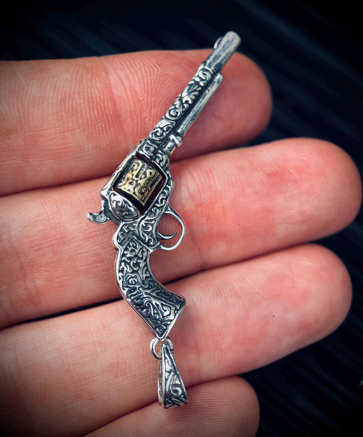 Ornate Engraved Stainless Steel Silver Outlaw Cowboy Revolver Gun Pendant with Gold Plated Cylinder