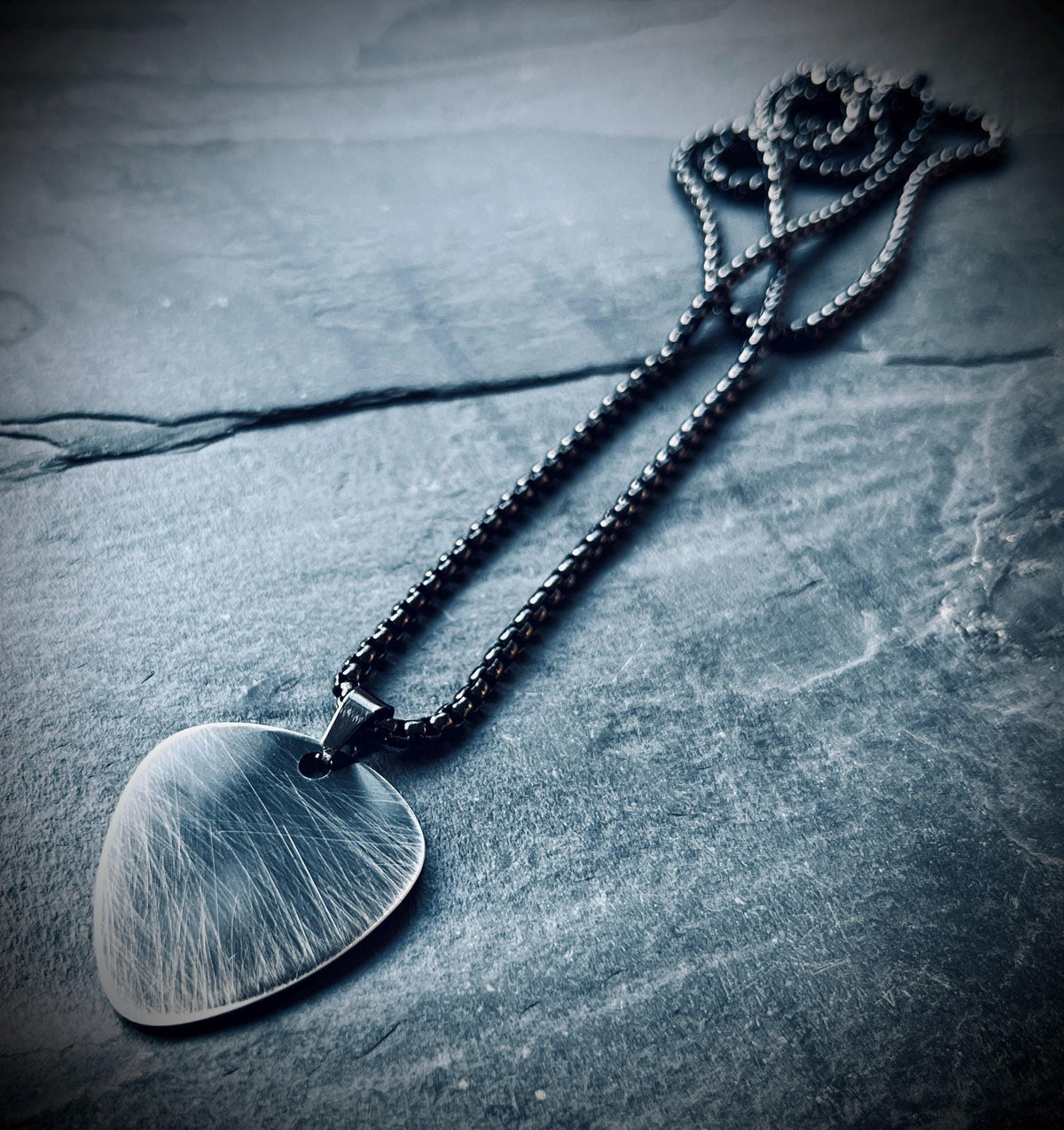 Minimalist Simple Brushed Stainless Steel Matte Black & Silver Guitar Pick Pendant with Matching Ball Chain Necklace / Guitarist / Musician