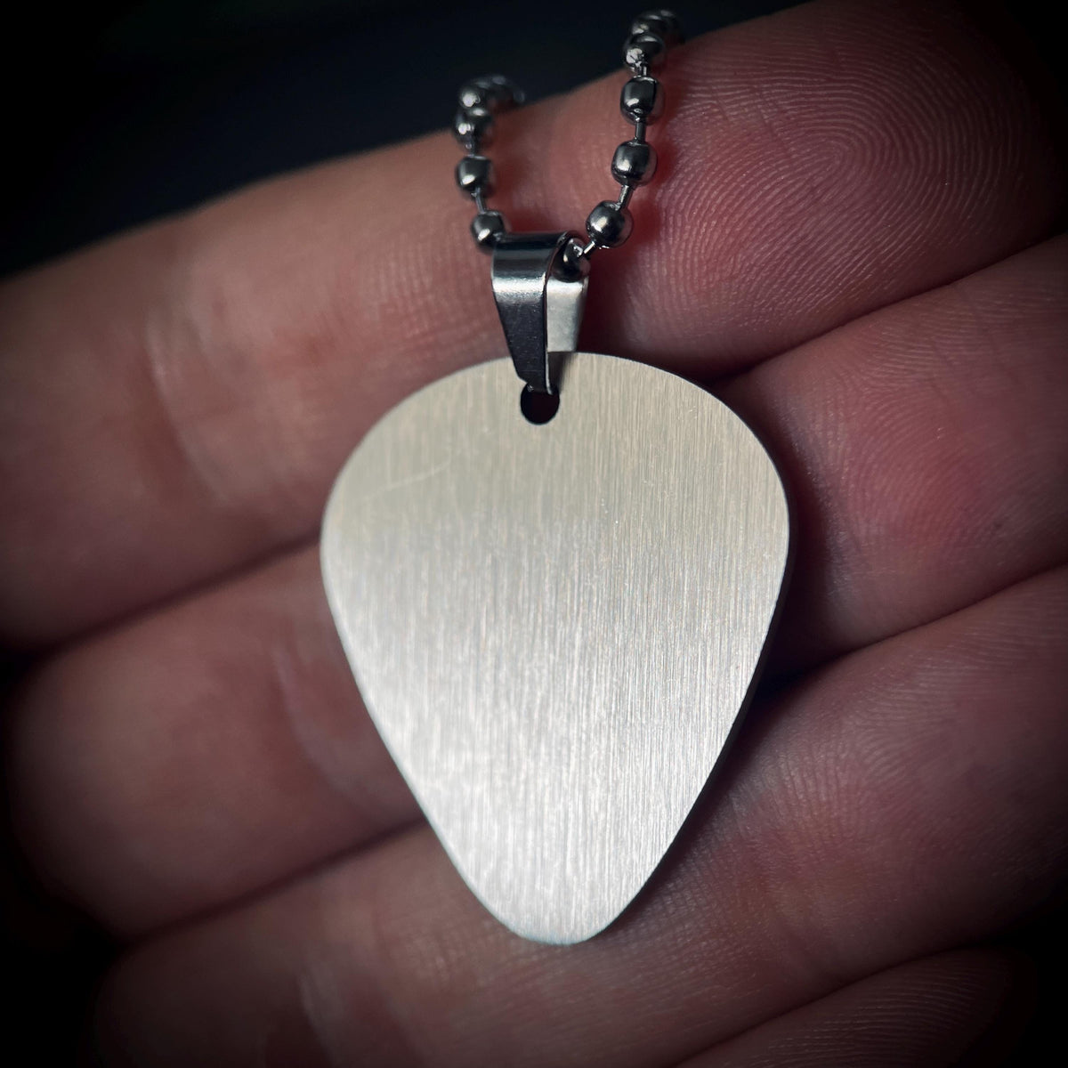 Minimalist Simple Brushed Stainless Steel Matte Silver Chrome Guitar Pick Pendant with Matching Ball Chain Necklace / Guitarist / Musician