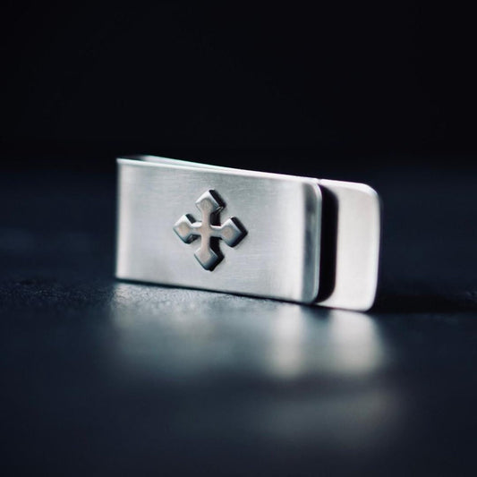 Rustic Silver Stainless Stainless Money Clip with Crucifix Cross Emblem